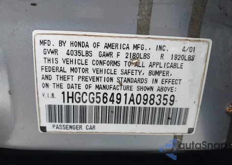 2001 Honda Accord 2.3 Lx from USA, damaged, VIN 1HGCG56491A098359